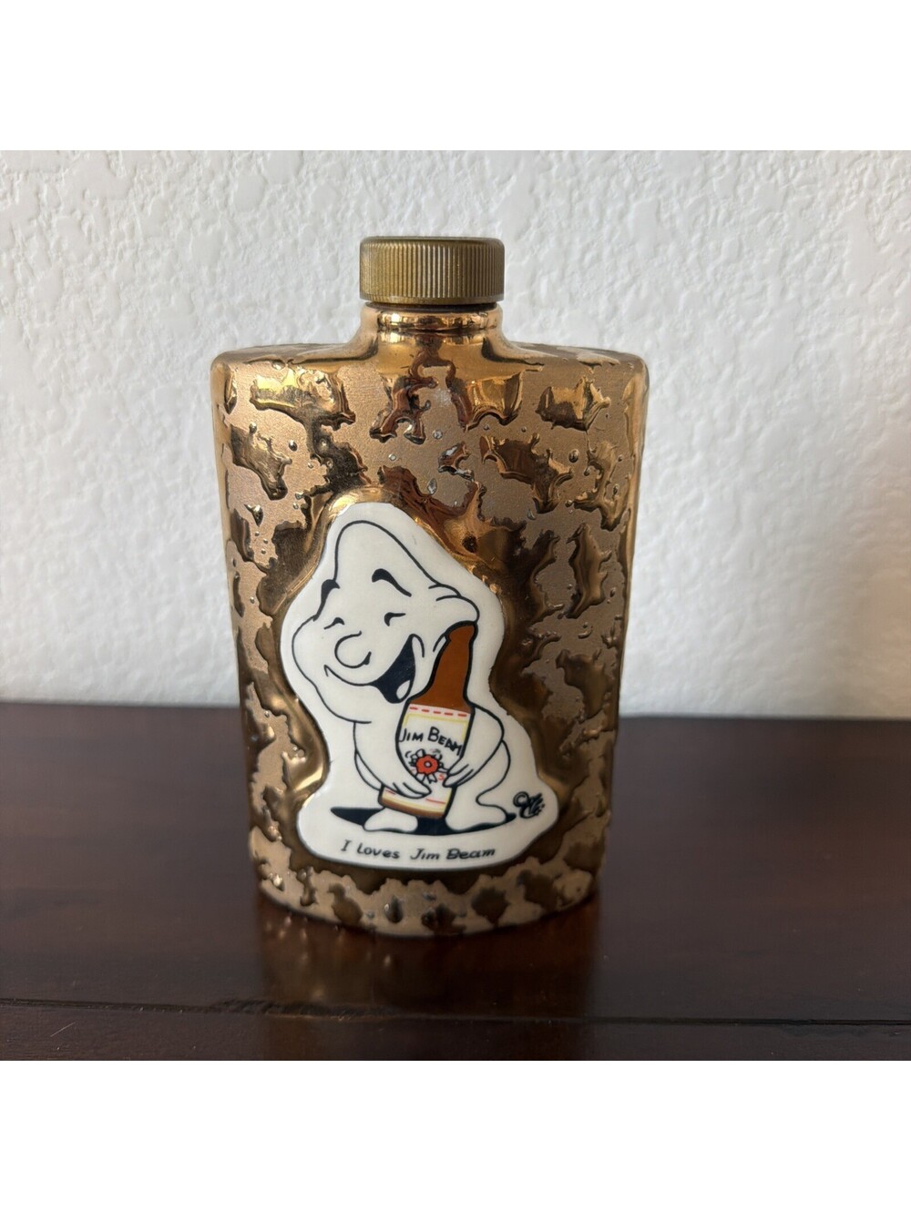 Jim Beam Gold Flask “I Loves Jim Beam” Evergreen Club by Regal China empty